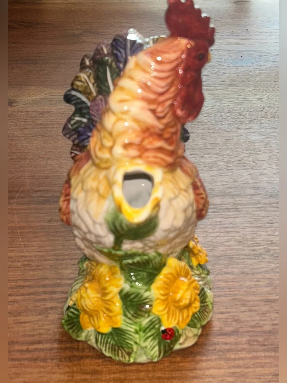 Ceramic Rooster chicken Pitcher Nestled in Sunflowers Ladybugs Colorful 10.5
